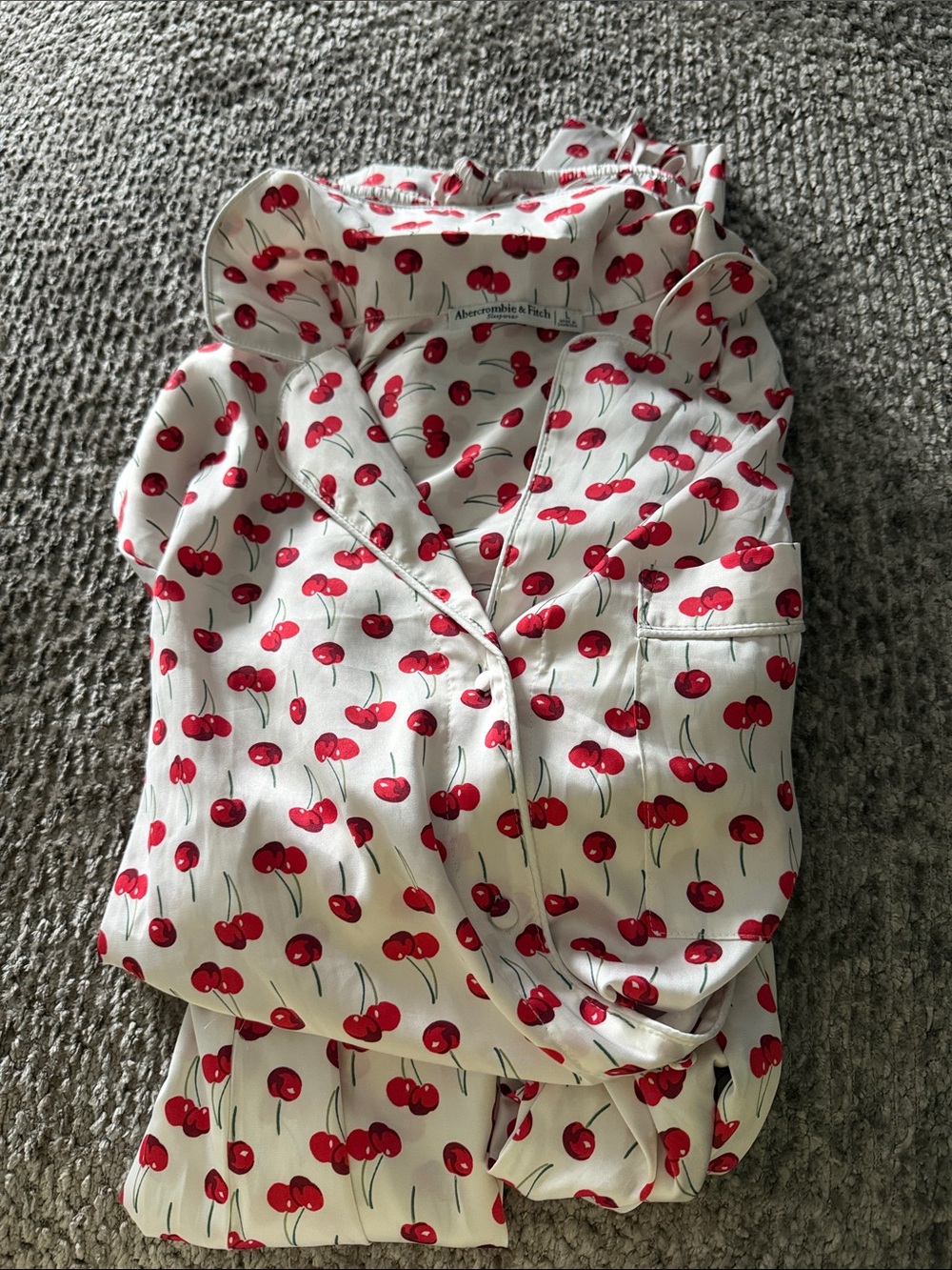 Abercrombie & Fitch White Satin Pajama Set with Red Cherry Print
